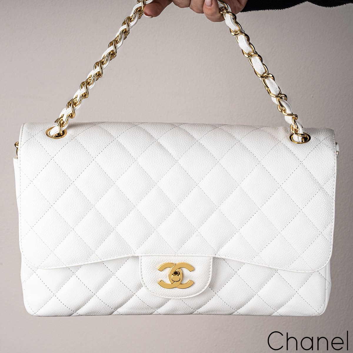 Chanel White Caviar Jumbo Classic Double Flap Bag